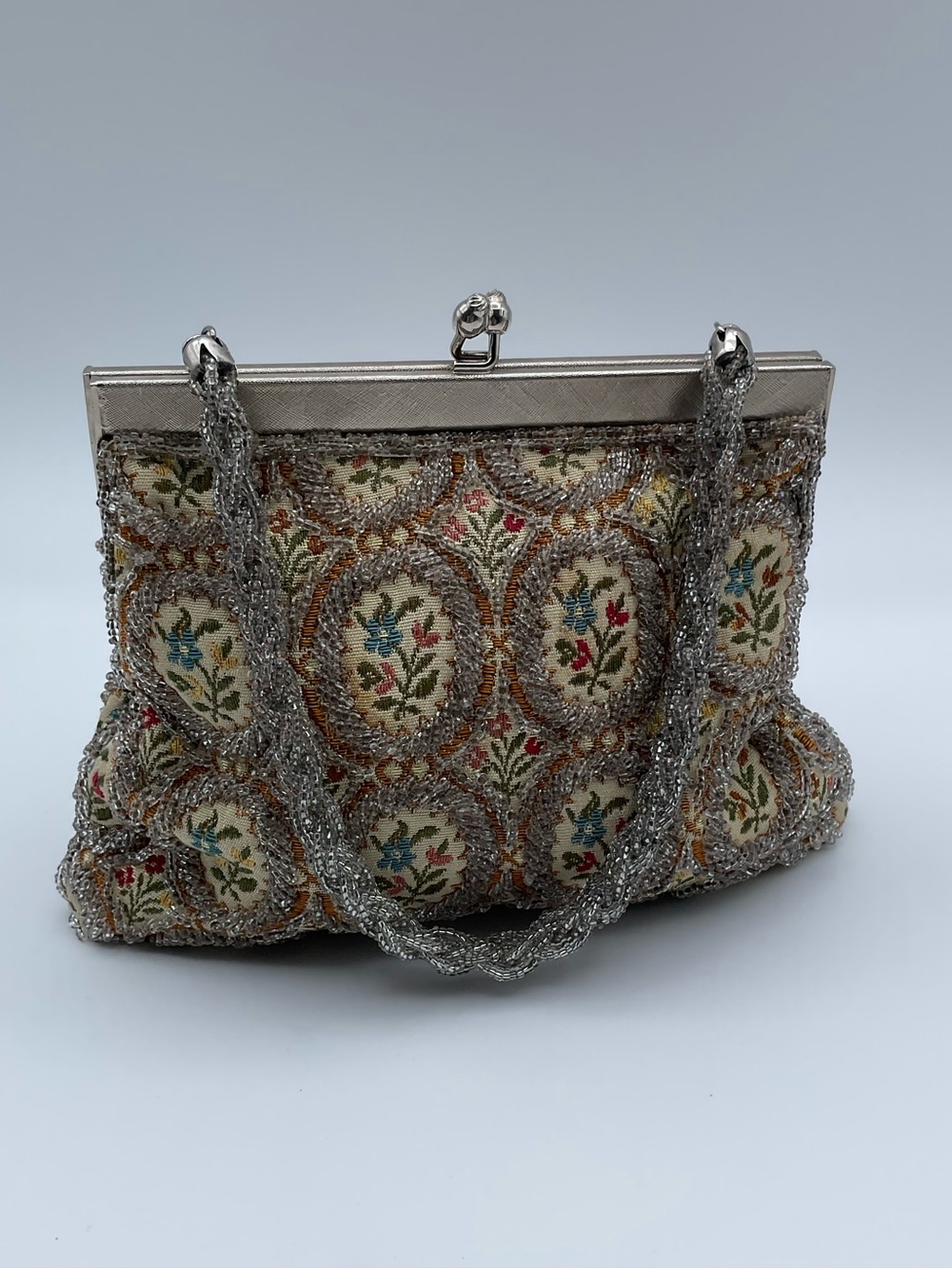 Vintage Walborg Hand Beaded Evening Bag Hong Kong Floral Tapestry Silver Beaded